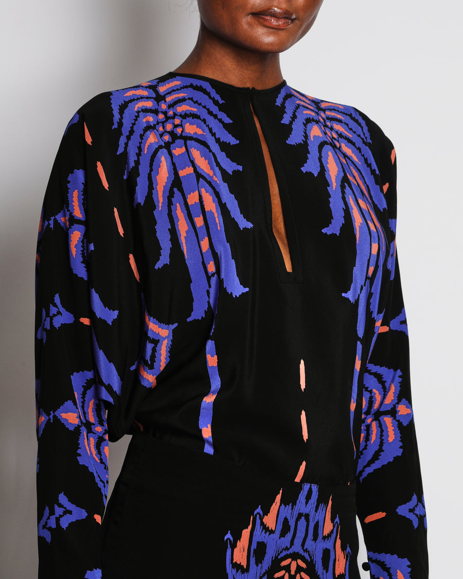 Johanna Ortiz Black, Purple and Orange Botanical Print Silk Long Sleeve Top and Maxi Skirt Set Size US 4 (UK 8)