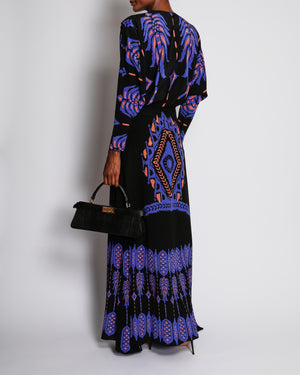 Johanna Ortiz Black, Purple and Orange Botanical Print Silk Long Sleeve Top and Maxi Skirt Set Size US 4 (UK 8)