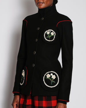 Chanel 15/P Black Wool Metiers Paris-Salzburg d'Art Jacket with Red Trim and White Flower Appliques Design Size FR 34 (UK 6)