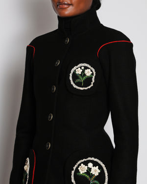Chanel 15/P Black Wool Metiers Paris-Salzburg d'Art Jacket with Red Trim and White Flower Appliques Design Size FR 34 (UK 6)