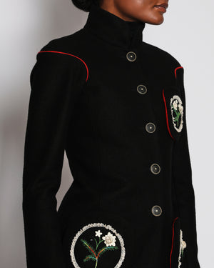 Chanel 15/P Black Wool Metiers Paris-Salzburg d'Art Jacket with Red Trim and White Flower Appliques Design Size FR 34 (UK 6)