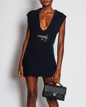 Chanel Navy Cashmere Knitted Sleeveless Mini Dress With Black Logo Detail FR 34 (UK6)