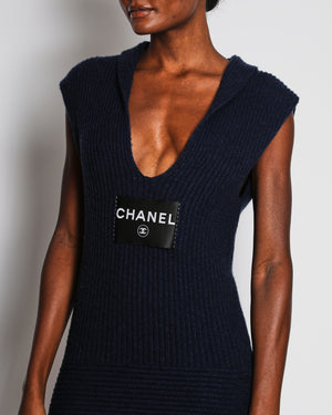 Chanel Navy Cashmere Knitted Sleeveless Mini Dress With Black Logo Detail FR 34 (UK6)