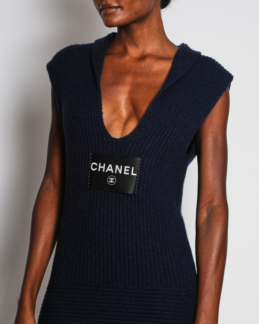 Chanel Navy Cashmere Knitted Sleeveless Mini Dress With Black Logo Detail FR 34 (UK6)