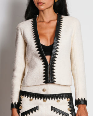 Chanel Ivory 2015/PF Paris-Salzburg Métiers d'Art Wool Jacket with Skirt Set with Black Leather ZigZag Details and Gold Pearl-Embellished Buttons Size FR 34(UK 6)