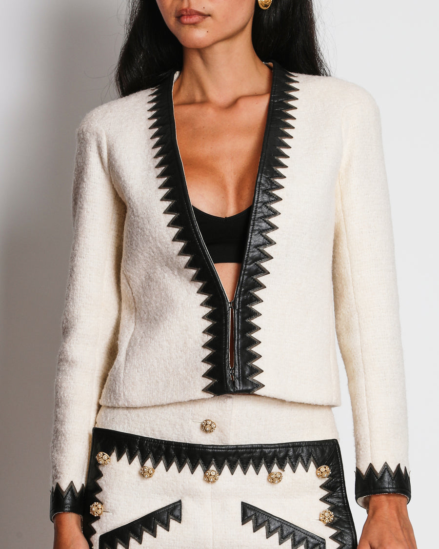 Chanel Ivory 2015/PF Paris-Salzburg Métiers d'Art Wool Jacket with Skirt Set with Black Leather ZigZag Details and Gold Pearl-Embellished Buttons Size FR 34(UK 6)
