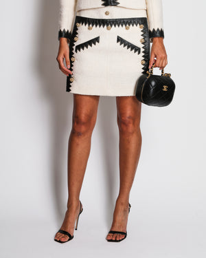 Chanel Ivory 2015/PF Paris-Salzburg Métiers d'Art Wool Jacket with Skirt Set with Black Leather ZigZag Details and Gold Pearl-Embellished Buttons Size FR 34(UK 6)