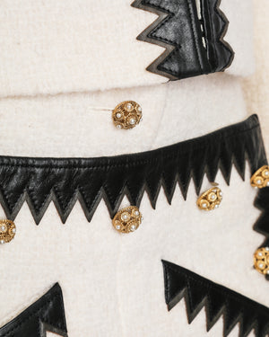 Chanel Ivory 2015/PF Paris-Salzburg Métiers d'Art Wool Jacket with Skirt Set with Black Leather ZigZag Details and Gold Pearl-Embellished Buttons Size FR 34(UK 6)