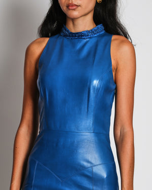 Chanel 08/P Blue Leather Sleeveless Midi Dress with Whipstitched Trim Details Size FR 38 (UK 10)
