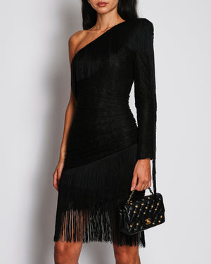 Dundas Black Lace One-Shoulder Mini Dress with Fringe Details Size IT 38 (UK 6)