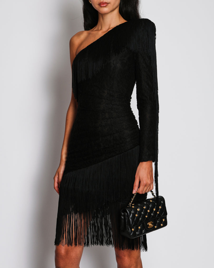 Dundas Black Lace One-Shoulder Mini Dress with Fringe Details Size IT 38 (UK 6)