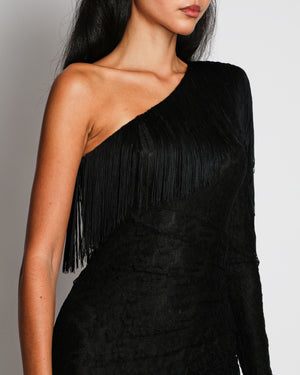 Dundas Black Lace One-Shoulder Mini Dress with Fringe Details Size IT 38 (UK 6)
