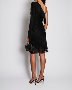 Dundas Black Lace One-Shoulder Mini Dress with Fringe Details Size IT 38 (UK 6)