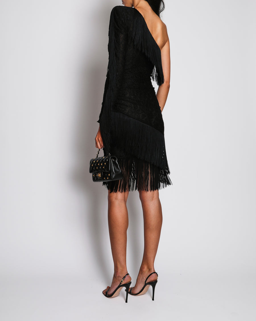 Dundas Black Lace One-Shoulder Mini Dress with Fringe Details Size IT 38 (UK 6)