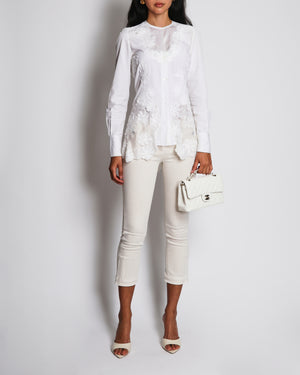 Ermanno Scervino White Collarless Floral Lace Panelled Shirt Size IT 38 (UK 6)