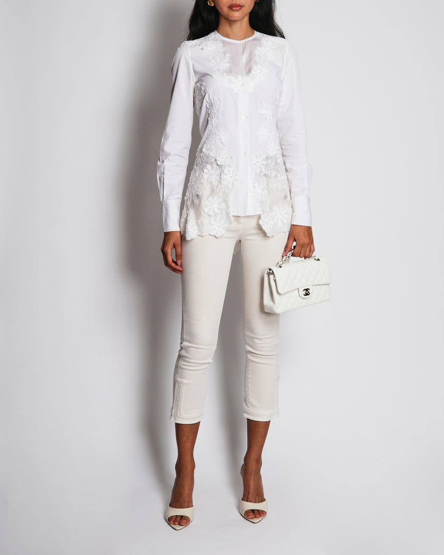 Ermanno Scervino White Collarless Floral Lace Panelled Shirt Size IT 38 (UK 6)
