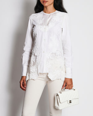 Ermanno Scervino White Collarless Floral Lace Panelled Shirt Size IT 38 (UK 6)