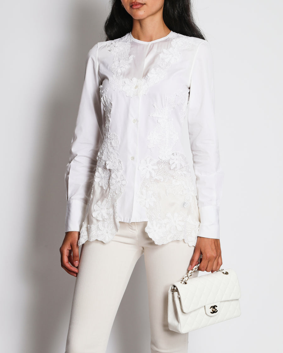Ermanno Scervino White Collarless Floral Lace Panelled Shirt Size IT 38 (UK 6)