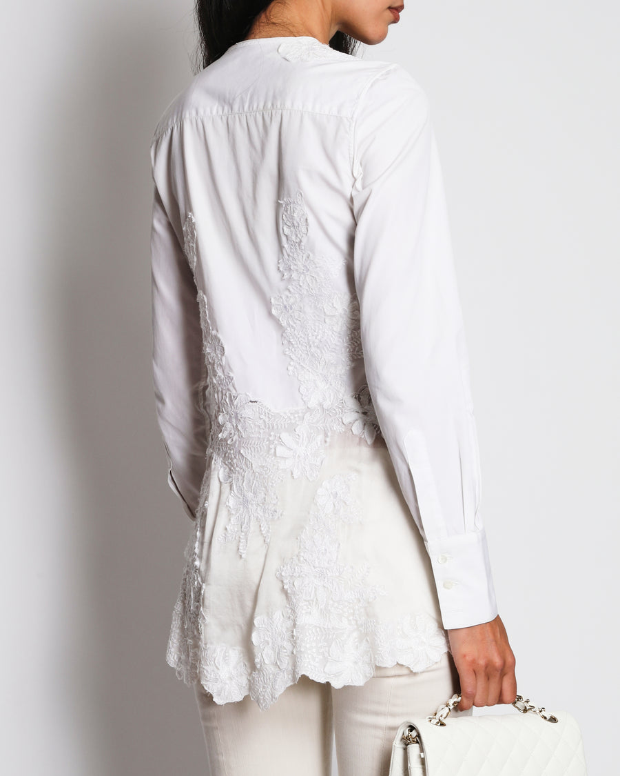 Ermanno Scervino White Collarless Floral Lace Panelled Shirt Size IT 38 (UK 6)