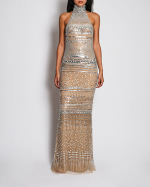 Zuhair Murad Beige Halterneck Gown with Silver Embellishment Size FR 34 (UK 6)