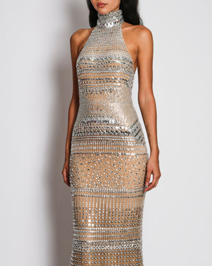 Zuhair Murad Beige Halterneck Gown with Silver Embellishment Size FR 34 (UK 6)