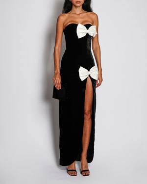 Alessandra Rich Black Velvet Bustier Long Dress With Satin Bows Details And Slip on the Side Size UK 6 RRP £980