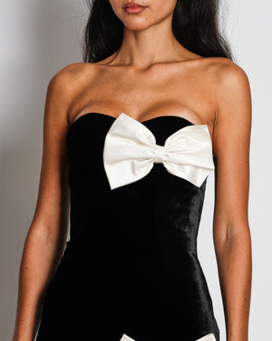 Alessandra Rich Black Velvet Bustier Long Dress With Satin Bows Details And Slip on the Side Size UK 6 RRP £980