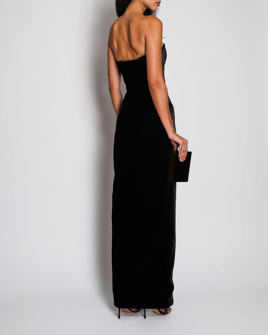 Alessandra Rich Black Velvet Bustier Long Dress With Satin Bows Details And Slip on the Side Size UK 6 RRP £980