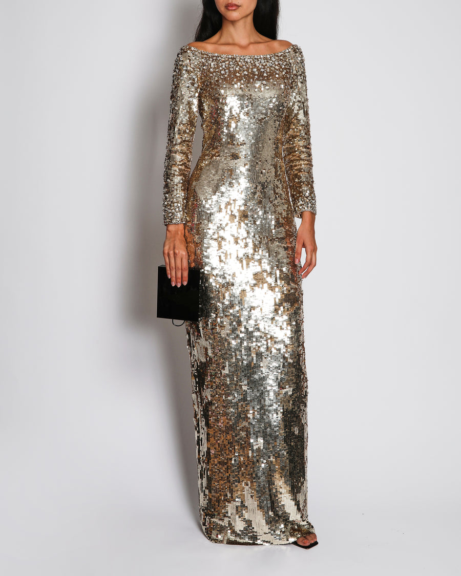 Jenny Packham Gold Embellished Off-Shoulder Maxi Dress Size UK 6 RRP £3,820