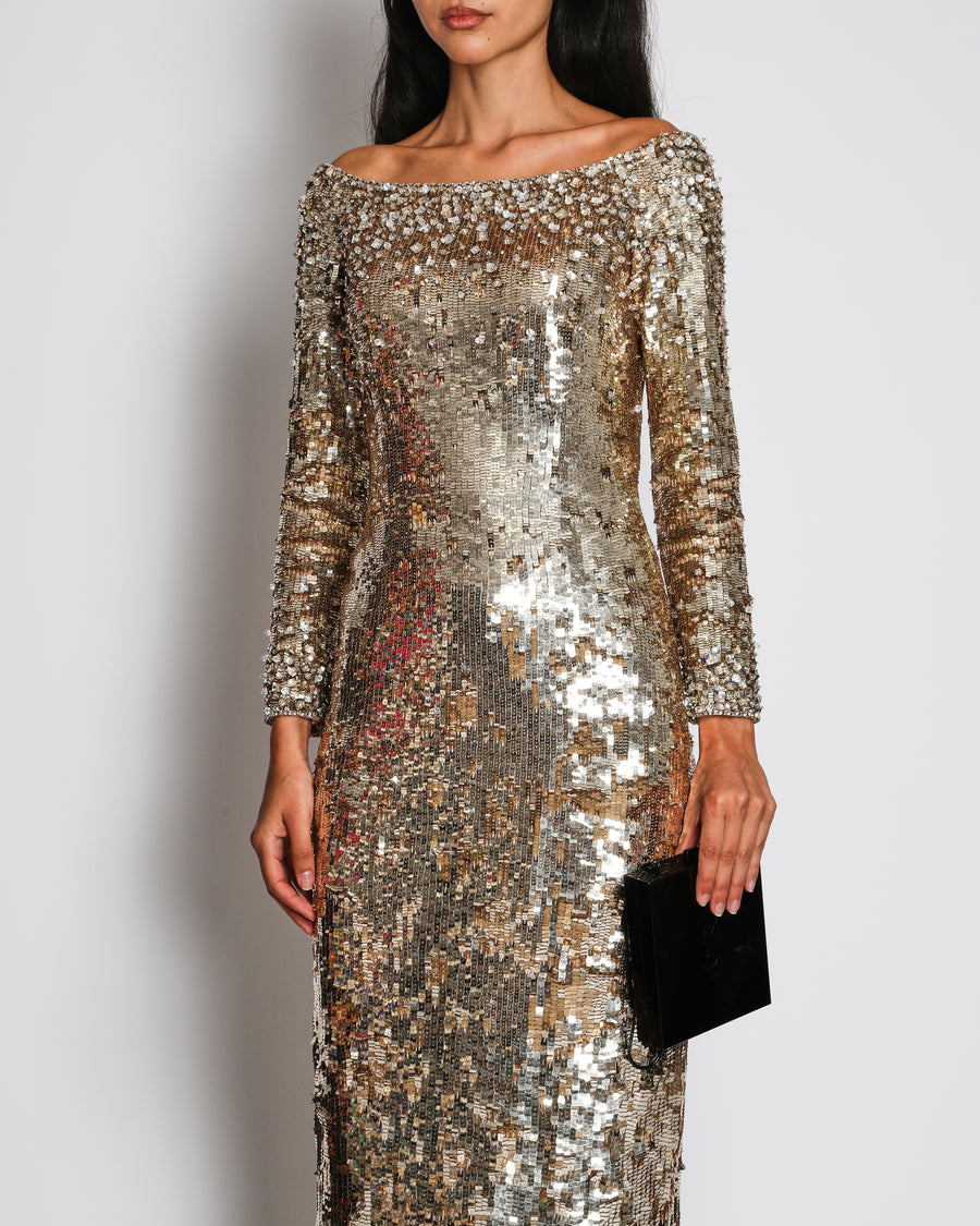 Jenny Packham Gold Embellished Off-Shoulder Maxi Dress Size UK 6 RRP £3,820