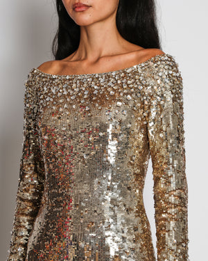 Jenny Packham Gold Embellished Off-Shoulder Maxi Dress Size UK 6 RRP £3,820