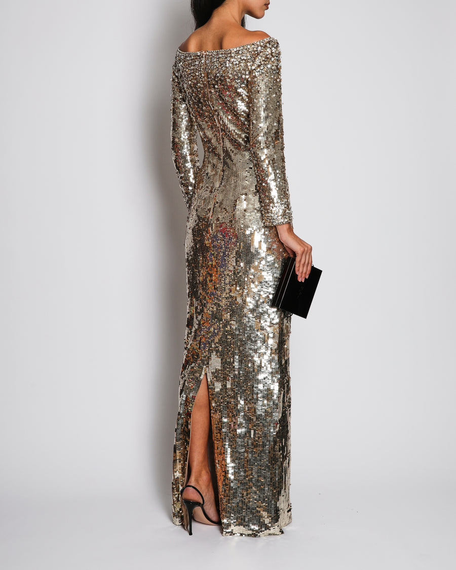 Jenny Packham Gold Embellished Off-Shoulder Maxi Dress Size UK 6 RRP £3,820