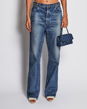 Celine Blue Stonewash Mid-Rise Straight Leg Jeans with Triomphe Buckle Detail Size FR 38 (UK 10)