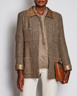 Chanel 96/A Brown Tweed Long Line Jacket with Gold Collar and Cuff Detail Size FR 42 (UK 14)
