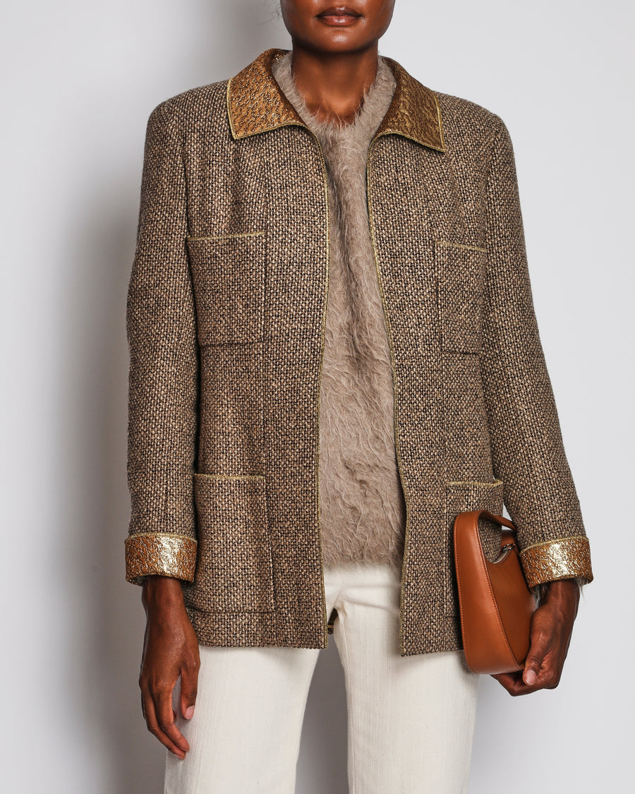 Chanel 96/A Brown Tweed Long Line Jacket with Gold Collar and Cuff Detail Size FR 42 (UK 14)