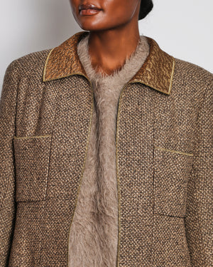 Chanel 96/A Brown Tweed Long Line Jacket with Gold Collar and Cuff Detail Size FR 42 (UK 14)