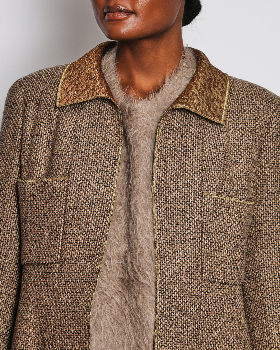 Chanel 96/A Brown Tweed Long Line Jacket with Gold Collar and Cuff Detail Size FR 42 (UK 14)