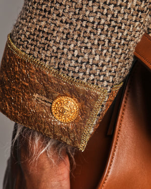 Chanel 96/A Brown Tweed Long Line Jacket with Gold Collar and Cuff Detail Size FR 42 (UK 14)