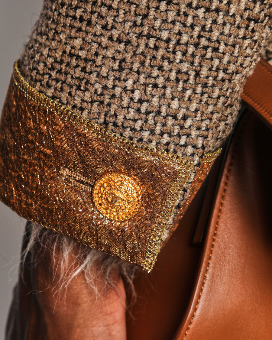 Chanel 96/A Brown Tweed Long Line Jacket with Gold Collar and Cuff Detail Size FR 42 (UK 14)