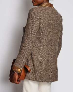 Chanel 96/A Brown Tweed Long Line Jacket with Gold Collar and Cuff Detail Size FR 42 (UK 14)