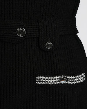 Chanel Black Ribbed Midi Dress with Pocket and Belt Detail Size FR 36 (UK 8)