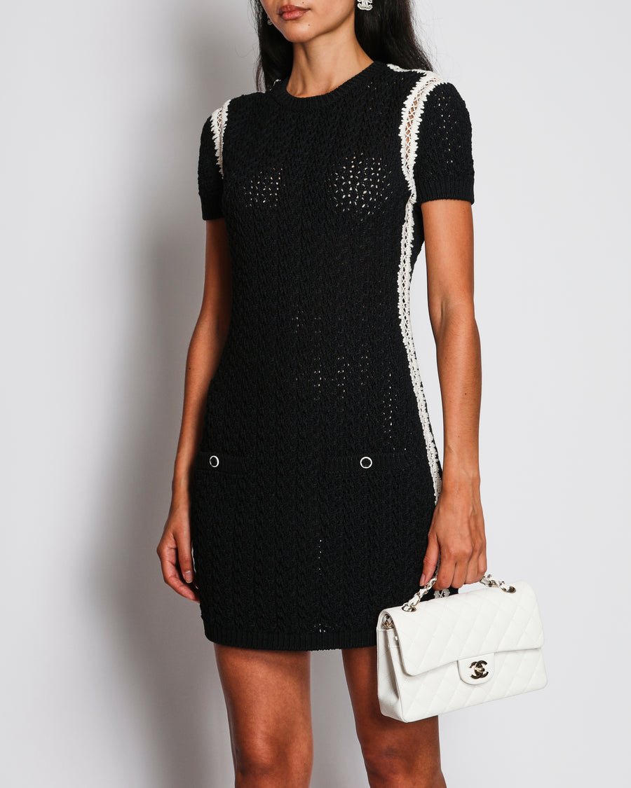 Chanel Black Round Neck Knitted Short Sleeve Midi Dress with Pocket Detail Size FR 36 (UK 8)