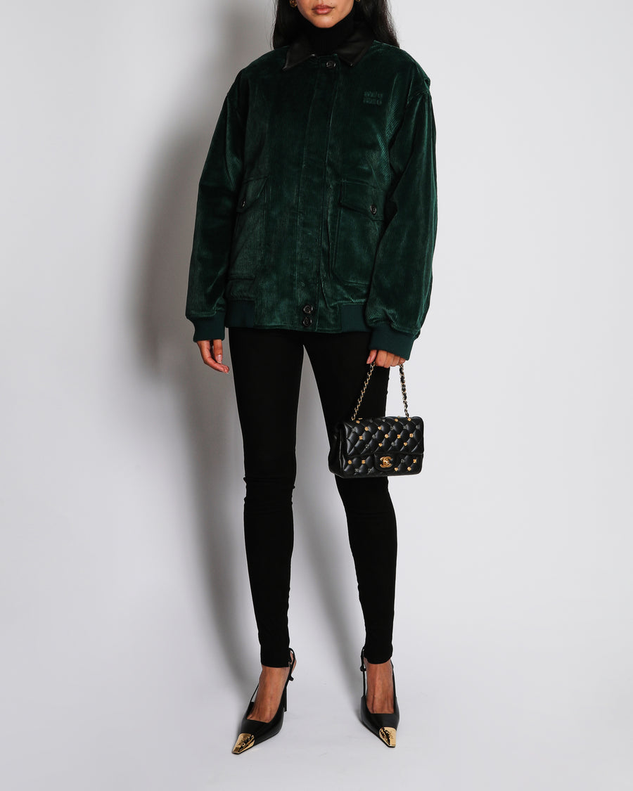 Miu Miu Green Padded Corduroy Jacket with Logo and Leather Collar Detail Size IT 40 (UK 8)