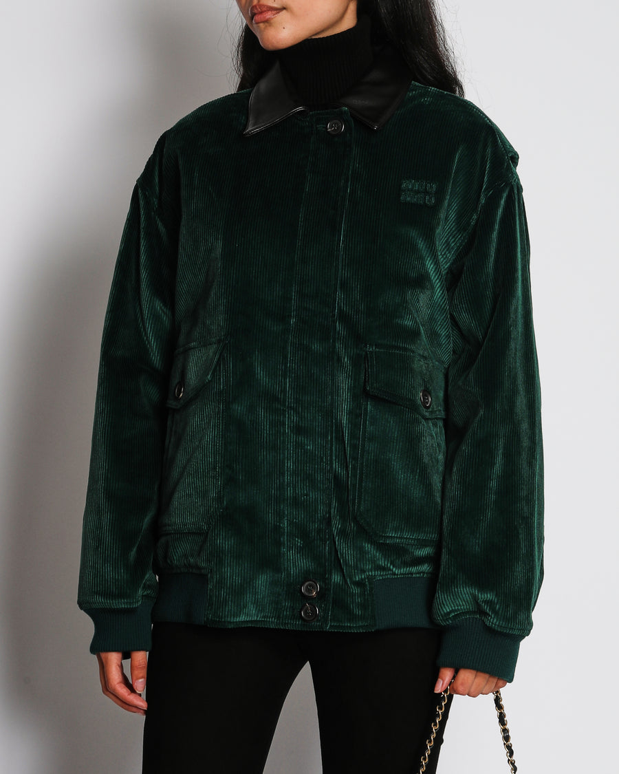 Miu Miu Green Padded Corduroy Jacket with Logo and Leather Collar Detail Size IT 40 (UK 8)