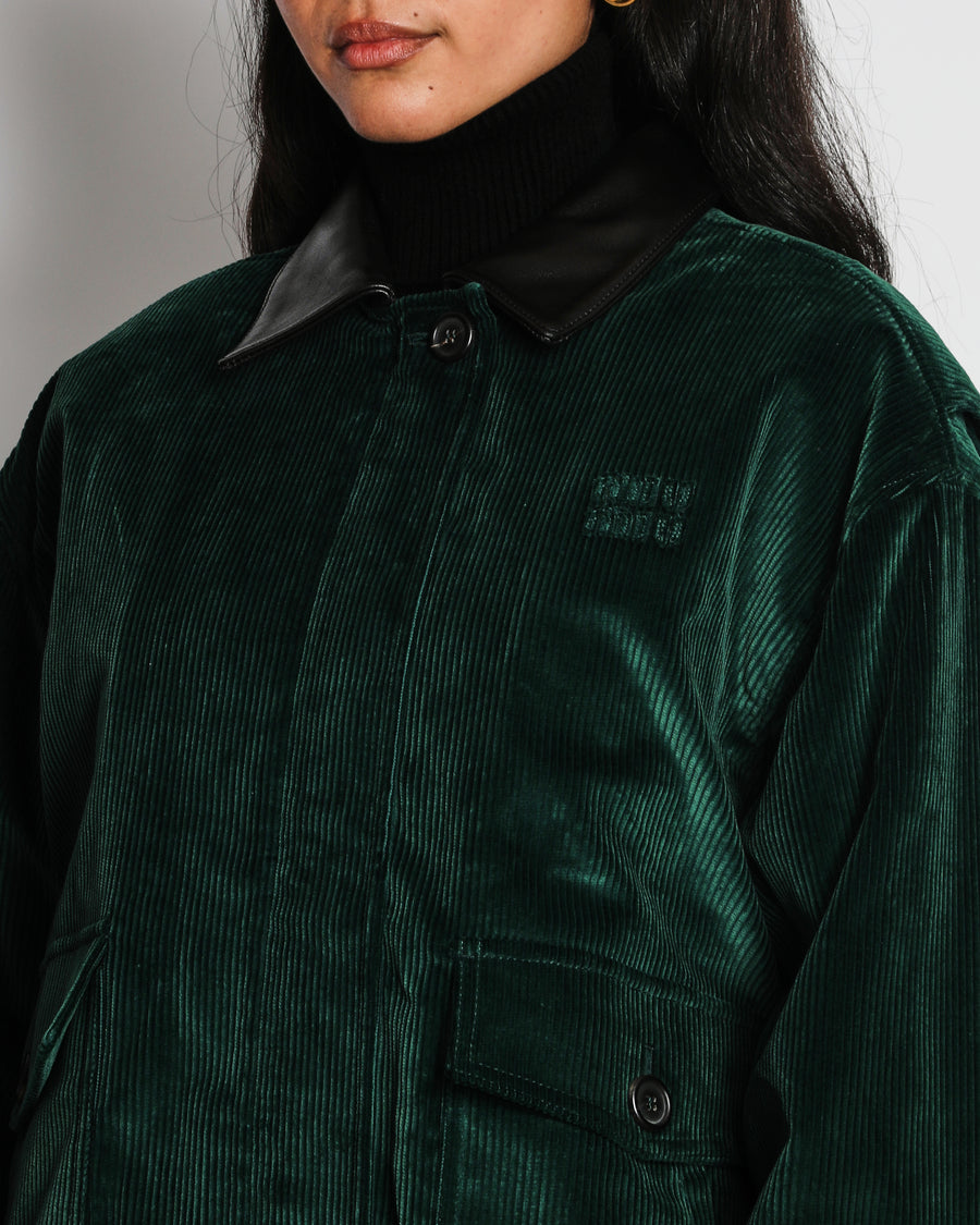 Miu Miu Green Padded Corduroy Jacket with Logo and Leather Collar Detail Size IT 40 (UK 8)