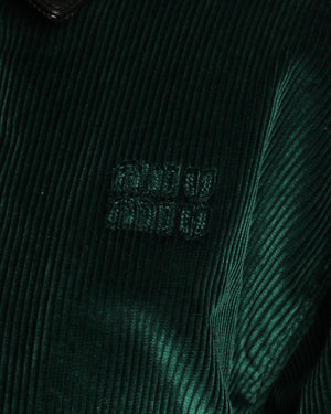 Miu Miu Green Padded Corduroy Jacket with Logo and Leather Collar Detail Size IT 40 (UK 8)