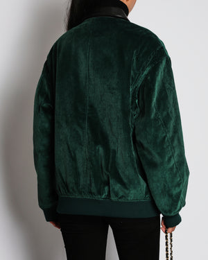 Miu Miu Green Padded Corduroy Jacket with Logo and Leather Collar Detail Size IT 40 (UK 8)