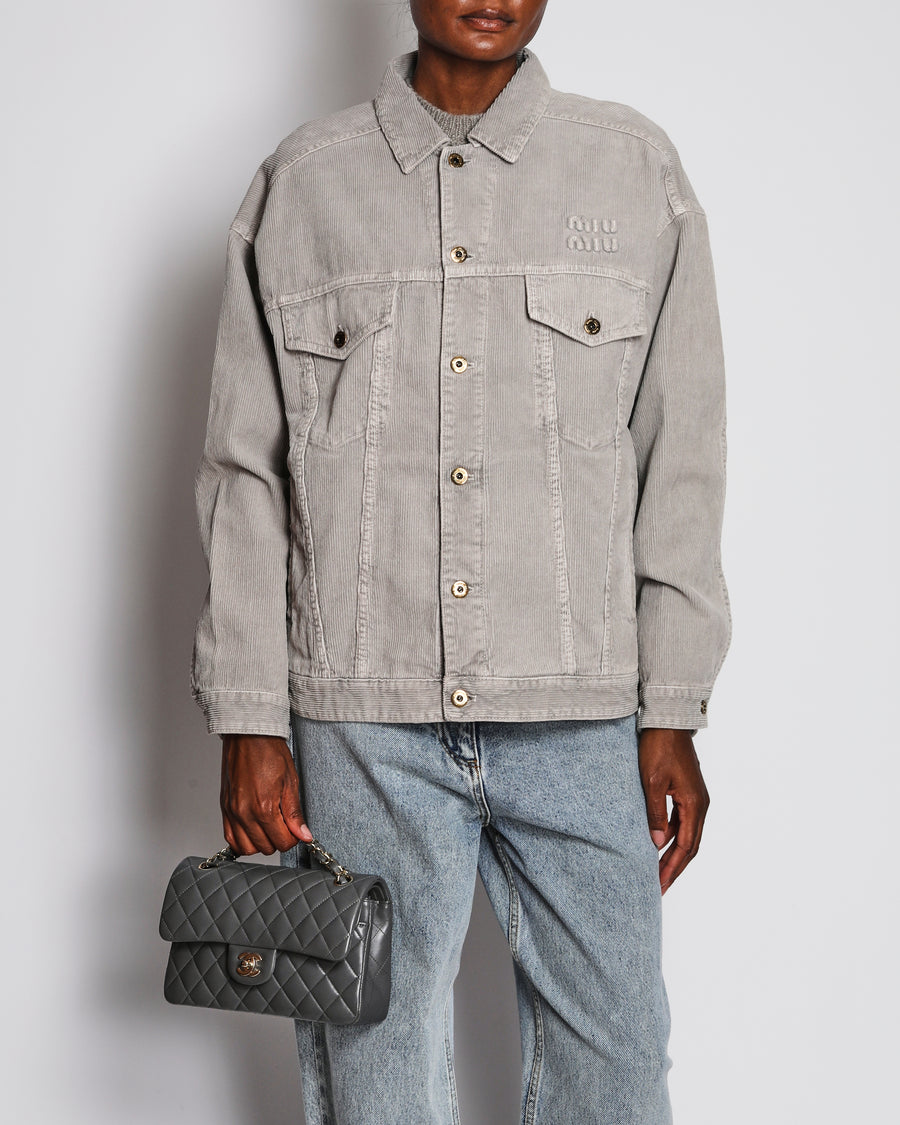 Miu Miu Grey Velvet Corduroy Jacket with Logo Detail Size IT 40 (UK 8)