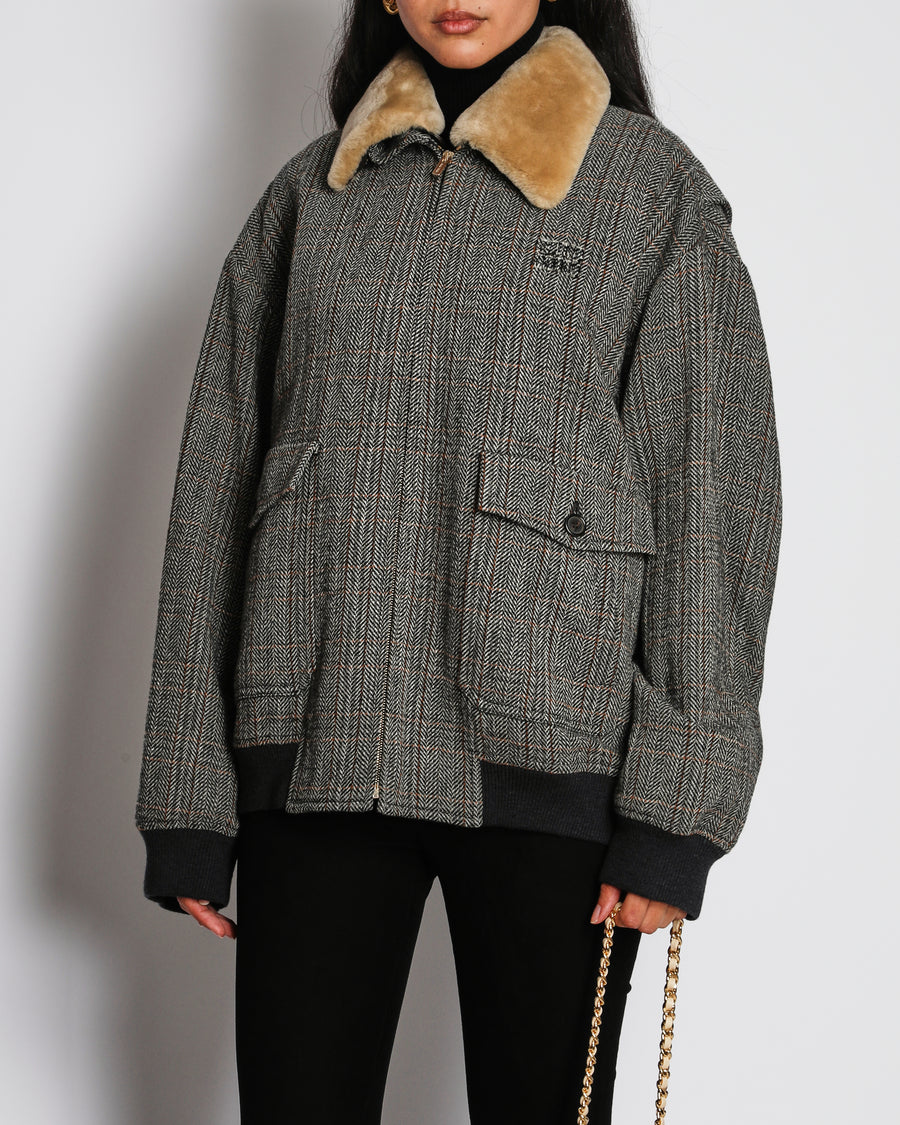 Miu Miu Grey Herringbone Jacket with Logo and Detachable Collar Detail Size IT 42 (UK 10)