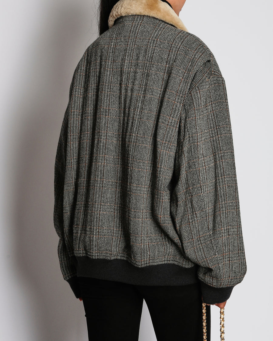 Miu Miu Grey Herringbone Jacket with Logo and Detachable Collar Detail Size IT 42 (UK 10)